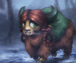 Size: 1200x1000 | Tagged: safe, artist:marumo, derpibooru import, yona, yak, bow, cloven hooves, digital art, female, hair bow, monkey swings, smiling, snow, snowfall, solo, visible breath