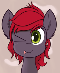 Size: 863x1036 | Tagged: safe, artist:kaukanghong, derpibooru import, oc, oc only, oc:ruby seed, bat pony, :p, bat pony oc, bat wings, bust, fangs, female, one eye closed, solo, tongue out, wings