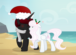 Size: 2409x1761 | Tagged: safe, artist:darbypop1, derpibooru import, oc, oc only, oc:bella bambina, oc:mystery teller, pegasus, pony, beach, christmas, female, hat, holiday, holly, male, mare, nuzzling, santa hat, stallion