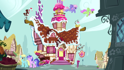 Size: 1280x720 | Tagged: safe, derpibooru import, screencap, merry may, rainbowshine, sassaflash, sea swirl, seafoam, pegasus, pony, unicorn, too many pinkie pies, background pony, building, female, flying, mare, ponyville, sugarcube corner, walking