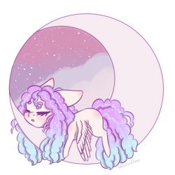 Size: 590x590 | Tagged: safe, artist:moonwolf96, derpibooru import, oc, oc:natalie moon, pegasus, pony, chibi, female, mare, moon, sleeping, solo, tangible heavenly object