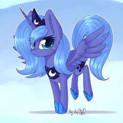 Size: 1920x1920 | Tagged: safe, artist:dsp2003, princess luna, alicorn, pony, 2018, 30 minute art challenge, blushing, cloud, cute, female, filly, hoof shoes, looking at you, lunabetes, s1 luna, signature, smiling, solo, white outline, woona, young, younger