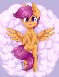 Size: 1536x2000 | Tagged: safe, artist:dsp2003, scootaloo, pegasus, pony, 2018, 30 minute art challenge, :p, blushing, chest fluff, cloud, cute, cutealoo, diabetes, ear fluff, female, filly, imminent belly rub, looking at you, lying down, on a cloud, on back, signature, silly, solo, tongue out