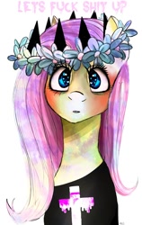 Size: 710x1124 | Tagged: safe, artist:miss_muertos, derpibooru import, fluttershy, pegasus, pony, aesthetics, clothes, female, floral head wreath, flower, heart eyes, mare, open mouth, simple background, solo, vulgar, white background, wingding eyes