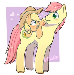 Size: 900x912 | Tagged: safe, artist:1miraishu, derpibooru import, applejack, bright mac, earth pony, pony, applejack's hat, cowboy hat, cute, digital art, duo, father and child, father and daughter, father's day, female, filly, filly applejack, happy, hat, jackabetes, male, parent and child, smiling, stallion, younger