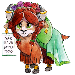 Size: 1024x1014 | Tagged: safe, artist:lailyren, artist:moonlight-ki, derpibooru import, yona, yak, bell, bracelet, clothes, cloven hooves, cute, dress, ear piercing, earring, fashion, fashion style, female, floral head wreath, flower, horn, horn jewelry, horn ring, jewelry, piercing, quadrupedal, ring, sign, simple background, solo, style, text, toy, traditional art, transparent background, watercolor painting, yonadorable