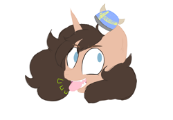 Size: 1002x698 | Tagged: safe, artist:leola-kittycorn, derpibooru import, pony, unicorn, blue eyes, brown fur, brown mane, bust, eyebrows, eyebrows visible through hair, fangs, helmet, horns, joel, long hair, male, ponified, portrait, simple background, swedish flag, teeth, tongue out, vargskelethor, vinesauce, vinesauce joel, white background