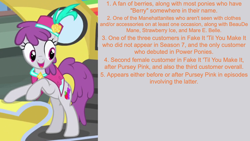 Size: 1920x1080 | Tagged: safe, derpibooru import, edit, edited screencap, editor:jaredking203, screencap, pinot noir, shiraz, silver berry, earth pony, pony, rarity takes manehattan, clothes, facts, female, mare, solo