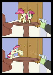 Size: 1000x1414 | Tagged: safe, artist:happy harvey, derpibooru import, roseluck, oc, oc:anon, earth pony, human, pony, arched back, bad pony, behaving like a cat, both cutie marks, chair, drawn on phone, female, filly, jumping, mare, offscreen character, pony pet, rosepet, spray bottle, standing, table