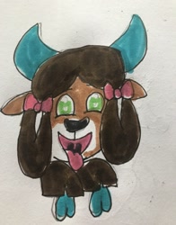 Size: 1005x1280 | Tagged: safe, artist:whistle blossom, derpibooru import, yona, yak, bow, cloven hooves, cute, female, hair bow, marker drawing, monkey swings, panting, simple background, smiling at you, solo, tongue out, traditional art, white background, yonadorable