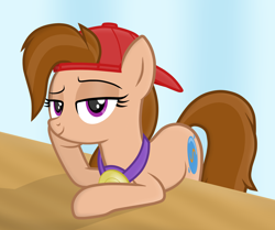 Size: 2352x1962 | Tagged: safe, artist:chomakony, derpibooru import, oc, oc only, oc:kiranne spell, earth pony, pony, bedroom eyes, cap, earth pony oc, female, gradient background, hat, hoof on cheek, hooves on the table, jewelry, lidded eyes, looking at you, mare, necklace, on table, simple background, smiling, solo, table