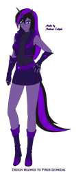 Size: 1280x2884 | Tagged: safe, artist:pyrus-leonidas, derpibooru import, oc, oc only, oc:lilac steele, human, series:bakugan academy, armpits, boots, clothes, female, fingerless gloves, gloves, horn, horned humanization, humanized, humanized oc, jacket, leather jacket, pony coloring, shoes, simple background, skirt, smiling, smirk, solo, tailed humanization, tanktop, transparent background