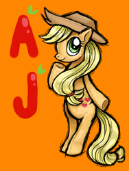 Size: 450x600 | Tagged: safe, artist:milk4ppl, derpibooru import, applejack, earth pony, pony, bipedal, cute, female, jackabetes, mare, orange background, simple background, solo