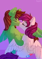 Size: 1448x2048 | Tagged: safe, artist:avery-valentine, derpibooru import, pegasus, pony, ear fluff, ears, eyes closed, female, kissing, male, mare, simple background, spread wings, stallion, straight, wings