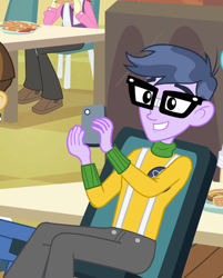 Size: 868x1080 | Tagged: safe, derpibooru import, screencap, bright idea, microchips, nolan north, wiz kid, equestria girls, equestria girls (movie), cellphone, chair, cropped, food, french fries, offscreen character, phone