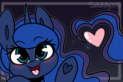 Size: 3600x2400 | Tagged: safe, artist:sakukitty, derpibooru import, princess luna, alicorn, pony, blushing, bust, cute, female, heart, heart hoof, high res, looking at you, lunabetes, mare, open mouth, portrait, solo, weapons-grade cute