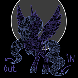 Size: 1200x1200 | Tagged: safe, artist:akellf, derpibooru import, princess luna, alicorn, pony, arrow, black background, crown, jewelry, maze, moon, regalia, s1 luna, simple background, solo, text