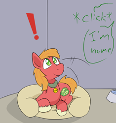 Size: 1000x1063 | Tagged: safe, artist:happy harvey, derpibooru import, big macintosh, earth pony, pony, bed, behaving like a dog, big macindog, collar, colored pupils, cute, cutie mark, dialogue, dog bed, drawn on phone, lying on bed, macabetes, male, offscreen character, on bed, pet, pony pet, raised head, stallion, water bowl