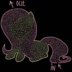 Size: 1024x1024 | Tagged: safe, artist:akellf, derpibooru import, fluttershy, pegasus, pony, arrow, black background, maze, simple background, solo, text