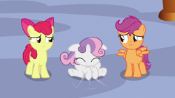 Size: 1920x1080 | Tagged: safe, derpibooru import, screencap, apple bloom, scootaloo, sweetie belle, growing up is hard to do, cutie mark crusaders