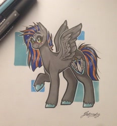 Size: 2211x2386 | Tagged: safe, artist:madkadd, derpibooru import, oc, oc only, pegasus, pony, abstract background, blushing, female, mare, pegasus oc, pen, signature, smiling, solo, traditional art, unshorn fetlocks, wings