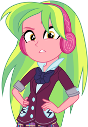 Size: 3001x4316 | Tagged: safe, artist:cloudyglow, derpibooru import, edit, editor:slayerbvc, lemon zest, equestria girls, friendship games, absurd resolution, clothes, crystal prep academy uniform, hand on hip, headphones, looking at you, no makeup edit, school uniform, simple background, solo, transparent background, vector, vector edit