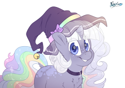 Size: 5000x3500 | Tagged: safe, artist:fluffyxai, derpibooru import, oc, oc only, oc:dreamveil, unicorn, clothes, collar, cute, female, freckles, hat, looking at you, mare, multicolored hair, palindrome get, pretty, rainbow hair, simple background, smiling, solo, transparent background, wavy mane, witch hat