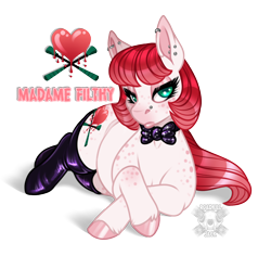 Size: 1280x1209 | Tagged: safe, artist:champ, derpibooru import, oc, oc only, oc:madame filthy, earth pony, pony, bowtie, clothes, crossed legs, ear piercing, earring, female, freckles, jewelry, latex, latex socks, lidded eyes, mare, nose piercing, nose ring, piercing, prone, simple background, socks, solo, transparent background