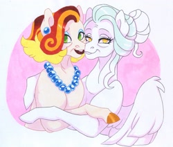 Size: 3511x2974 | Tagged: safe, artist:frozensoulpony, derpibooru import, oc, oc only, oc:jade luck, oc:little lady, earth pony, pegasus, pony, adopted offspring, ear piercing, earring, female, hug, jewelry, mare, necklace, offspring, older, parent:applejack, parent:jet set, parent:rarity, parents:applejet, piercing