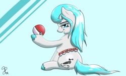 Size: 1024x615 | Tagged: safe, artist:black_rider, artist:discordriderr34, artist:steveskunk, derpibooru import, oc, oc:winter petal, blue eyes, blue hair, female, pokéball, pokémon, smiling at you, solo