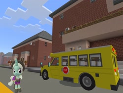 Size: 2048x1536 | Tagged: safe, artist:topsangtheman, derpibooru import, cornetta, pony, unicorn, topsangtheman's minecraft server, 3d, house, looking at you, minecraft, photoshopped into minecraft, school bus, sfm pony, solo, source filmmaker