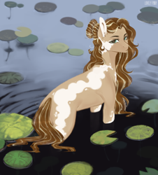 Size: 1500x1656 | Tagged: safe, artist:lovely-pony, derpibooru import, oc, oc:radiant valor, earth pony, pony, female, lilypad, mare, pond, solo, water