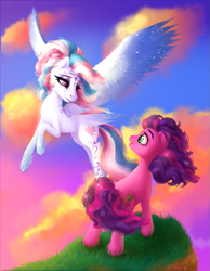 Size: 727x935 | Tagged: safe, artist:dragonae, derpibooru import, skywishes, star catcher, earth pony, pegasus, pony, dancing in the clouds, g3, female, lesbian, shipping, skycatcher, windswept mane