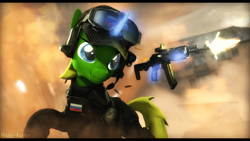 Size: 2920x1642 | Tagged: safe, artist:mister-karter, derpibooru import, oc, oc:arcane tesla, pony, unicorn, 3d, action pose, ak, ak-74, armor, assault rifle, cap, clothes, crossover, cyrillic, escape from tarkov, gun, hat, headphones, male, rifle, russian, solo, source filmmaker, stallion, tactical, tactical glasses, weapon