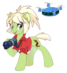 Size: 2509x2708 | Tagged: safe, artist:ginjallegra, derpibooru import, oc, oc only, oc:arion, oc:milli, earth pony, pony, robot, camera, clothes, drone, earth pony oc, eponafest, female, jacket, ponytail, simple background, smiling, smiling at you, solo, transparent background, vector