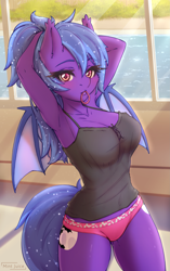 Size: 2227x3543 | Tagged: safe, artist:mintjuice, derpibooru import, oc, oc:night ash, anthro, bat pony, anthro oc, arm behind head, armpits, bat pony oc, bat wings, blushing, breasts, clothes, commission, cutie mark, female, hair tie, looking at you, mare, mouth hold, panties, pink underwear, room, tanktop, underwear, wings, ych result