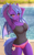 Size: 2227x3543 | Tagged: safe, alternate version, artist:mintjuice, derpibooru import, oc, oc:night ash, anthro, bat pony, anthro oc, arm behind head, armpits, bat pony oc, bat wings, blushing, breasts, clothes, commission, cutie mark, female, hair tie, looking at you, mare, mouth hold, panties, pink underwear, swimming pool, tanktop, underwear, wings, ych result