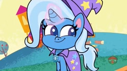 Size: 917x509 | Tagged: safe, derpibooru import, screencap, trixie, friendship gems, my little pony: pony life, spoiler:pony life s01e17, cape, clothes, hat, magic, magic aura, solo