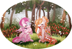 Size: 809x554 | Tagged: safe, artist:shiroikitten, derpibooru import, oc, oc only, oc:juicy peach, oc:raspberry fuzz, bat pony, pony, female, flower, forest, mare, simple background, transparent background