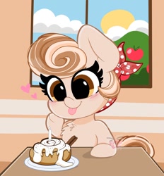 Size: 630x680 | Tagged: safe, artist:kittyrosie, derpibooru import, oc, oc:cinnamon spangled, :p, apple, apple tree, bandana, blushing, cinnamon bun, cute, female, food, heart, mare, ocbetes, solo, table, tongue out, tree, window