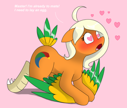 Size: 2960x2528 | Tagged: safe, artist:pencil bolt, derpibooru import, oc, oc:parriad, bird, bird pone, monster pony, original species, pony, blushing, estrus, female, grammar error, harpy, heart eyes, wingding eyes