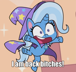 Size: 1147x1079 | Tagged: safe, derpibooru import, edit, screencap, trixie, pony, unicorn, friendship gems, my little pony: pony life, spoiler:pony life s01e17, cape, caption, clothes, cropped, cute, diatrixes, dragonball z abridged, female, hat, image macro, mare, reference, solo, team four star, text, text edit, vegeta, vulgar