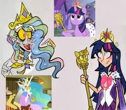 Size: 2453x2139 | Tagged: safe, artist:citi, derpibooru import, screencap, discord, twilight sparkle, twilight sparkle (alicorn), alicorn, human, dungeons and discords, princess twilight sparkle (episode), big crown thingy, crown, discord's celestia face, element of magic, fangs, humanized, jewelry, pointing, regalia, scene interpretation, scepter, screen, screencap reference, twilight is not amused, twilight scepter, unamused