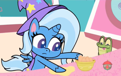 Size: 1440x900 | Tagged: safe, derpibooru import, screencap, gummy, trixie, alicorn, alligator, pony, unicorn, friendship gems, my little pony: pony life, spoiler:pony life s01e17, alicornified, animation error, egg, kitchen, race swap, treehouse logo, trixiecorn