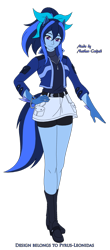 Size: 1280x2905 | Tagged: safe, artist:pyrus-leonidas, derpibooru import, oc, oc only, oc:lexi starling, anthro, human, ambiguous species, belt, blue skin, boots, bow, bracelet, clothes, compression shorts, denim skirt, eared humanizationboots, female, hair bow, hand on hip, happy, humanized, jacket, jewelry, muticolored mane, muticolored tail, pony coloring, shirt, shoes, shorts, simple background, skirt, smiling, solo, tailed humanization, transparent background, vector, white background