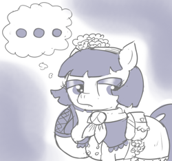 Size: 640x600 | Tagged: safe, artist:ficficponyfic, derpibooru import, part of a set, oc, oc:mulberry telltale, ..., bag, boots, clothes, cyoa, cyoa:madness in mournthread, dress, eyeshadow, flower, frills, handkerchief, headband, makeup, monochrome, shawl, shoes, sideways glance, story included, tapping chin, thoughtful look