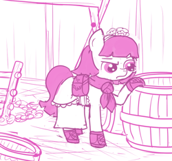 Size: 640x600 | Tagged: safe, artist:ficficponyfic, derpibooru import, part of a set, oc, oc:mulberry telltale, bag, barrel, boots, clothes, cyoa, cyoa:madness in mournthread, dress, flower, frown, handkerchief, headband, hole, hole in the ground, ladder, looking into container, monochrome, raised eyebrow, shoes, story included