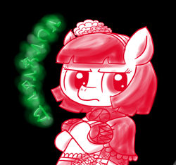 Size: 640x600 | Tagged: safe, artist:ficficponyfic, derpibooru import, part of a set, oc, oc:mulberry telltale, bag, boots, crossed legs, cyoa, cyoa:madness in mournthread, ears up, flower, frills, frown, glare, glowing runes, handkerchief, headband, runes, serious, shawl, shoes, sideways glance, simple background, story included