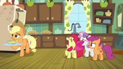 Size: 1920x1080 | Tagged: safe, derpibooru import, screencap, apple bloom, applejack, scootaloo, sweetie belle, earth pony, pony, growing up is hard to do, cutie mark crusaders