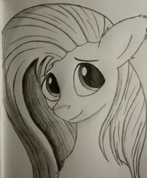 Size: 1024x1235 | Tagged: safe, artist:dandereshy, derpibooru import, fluttershy, pegasus, pony, bust, chest fluff, cute, ear fluff, female, looking at you, monochrome, pencil drawing, smiling, smiling at you, traditional art